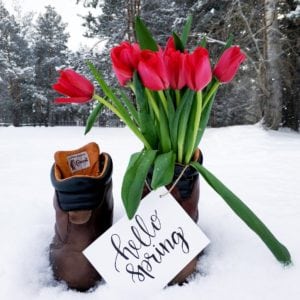 snow boots and flowers with sign "Hello Spring"