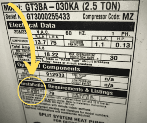 Arrow pointing to helpful info on AC unit label. 