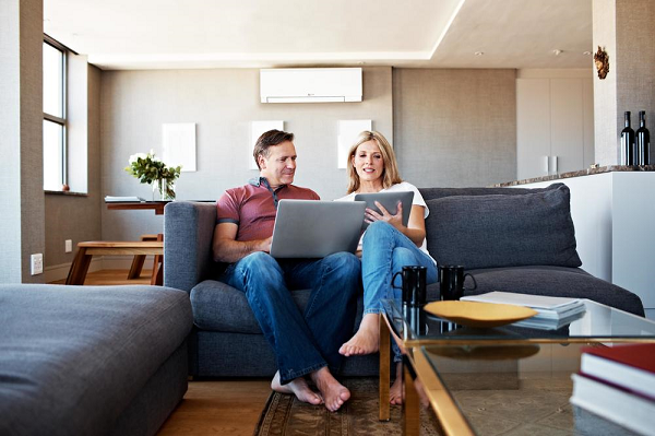 Couple looking at laptop with mini-split in the background