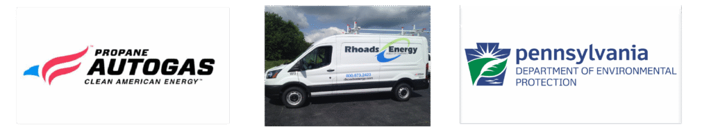 Propane Autogas logo, a Rhoads Enrgyer vehicle powered by Aitogas and the PA, Deptartment of Environmental protection logo.