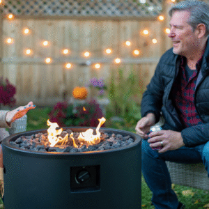 Middleage couple sitting by backyard propane firepit