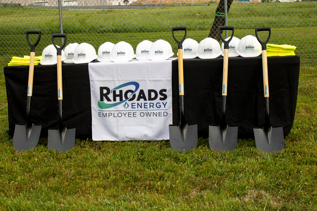Rhoads hard hats and shovels at groundbreaking